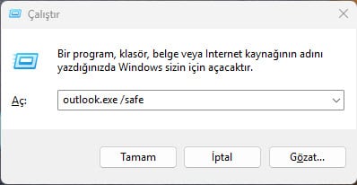 Outlook güvenli mod açma komutu