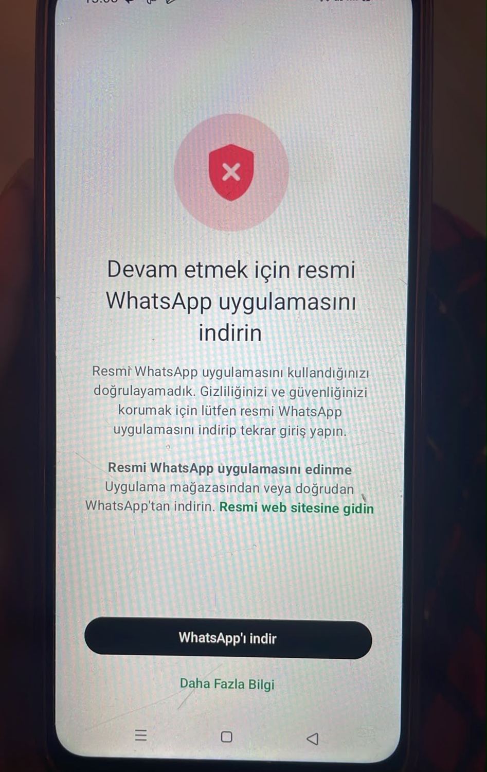WhatsApp resmî uygulama doğrulama uyarısı