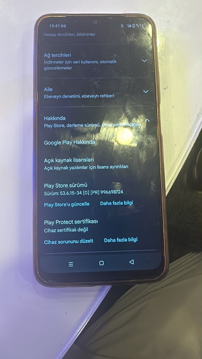 Fabrika ayarlarına sıfırlama sonrasında Google Play Protect cihaz sertifikalı değil ekranı
